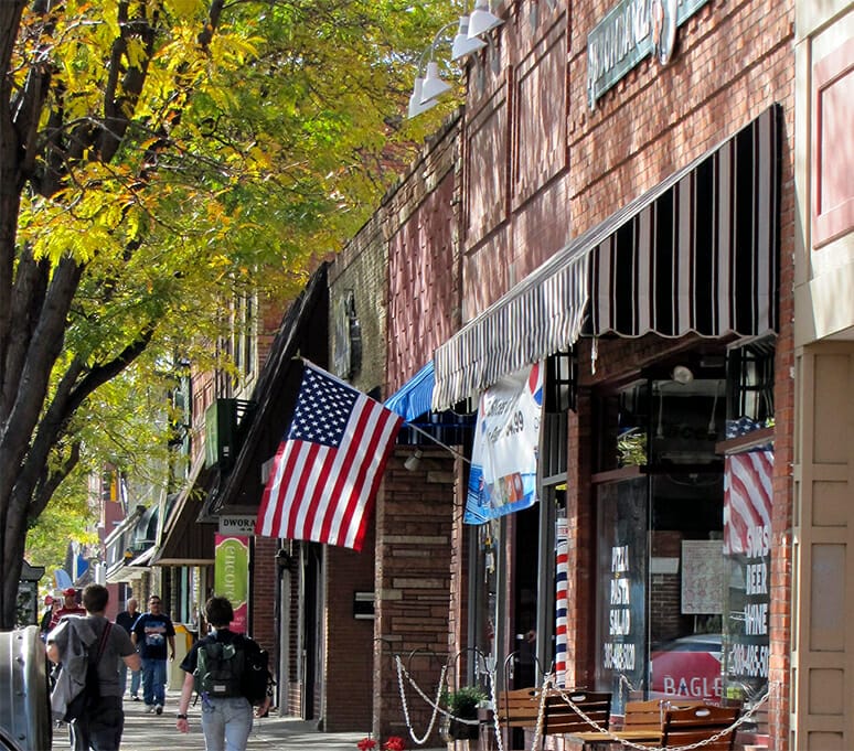 Storefronts that line the main street in Longmont, Colorado.